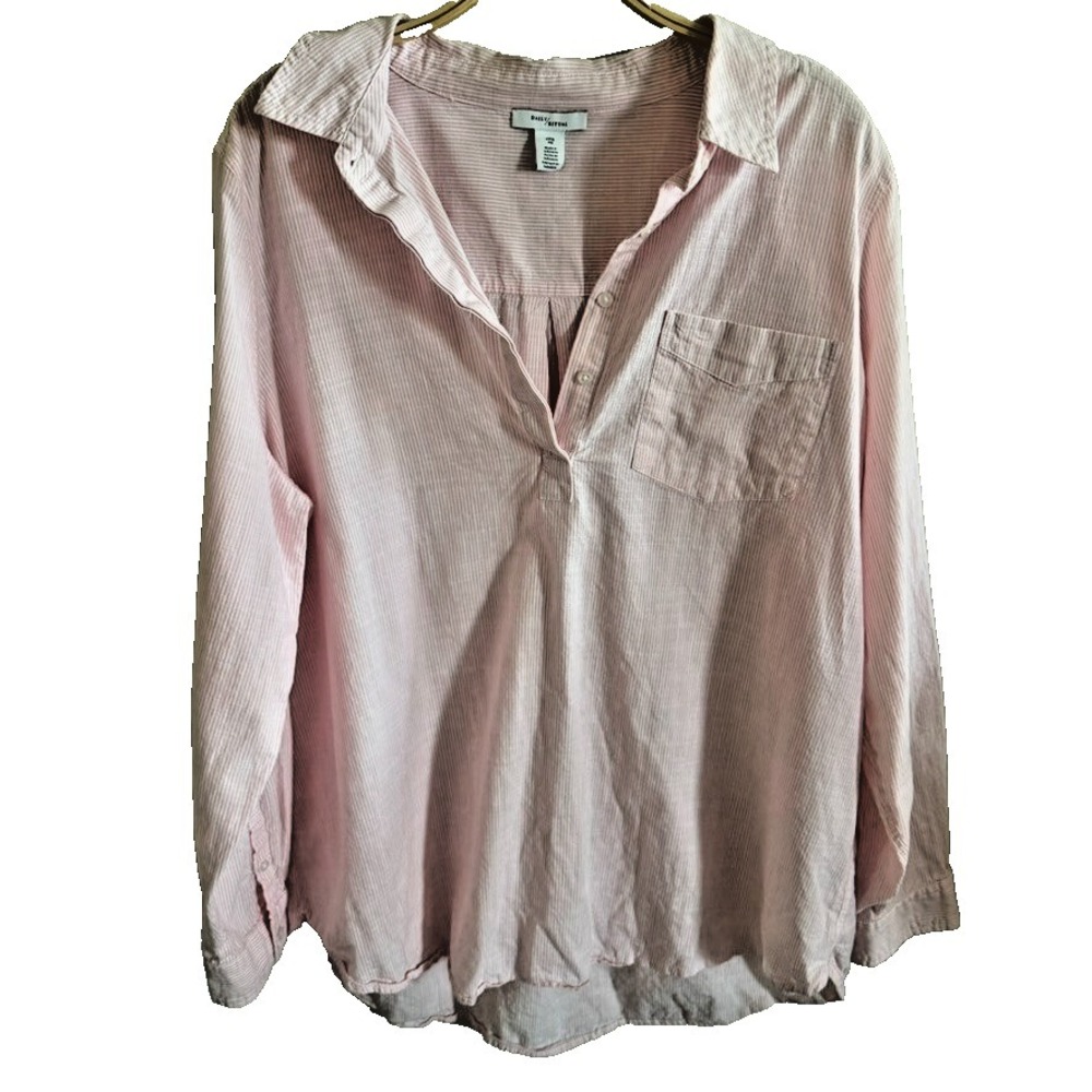 Daily/Ritual Women's Long Sleeve Button Up Shirt Classic Preppy Pink White XL